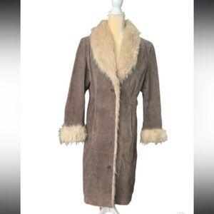 Wilsons Leather Maxima Penny Lane Brown Suede Coat with Faux Fur Trim